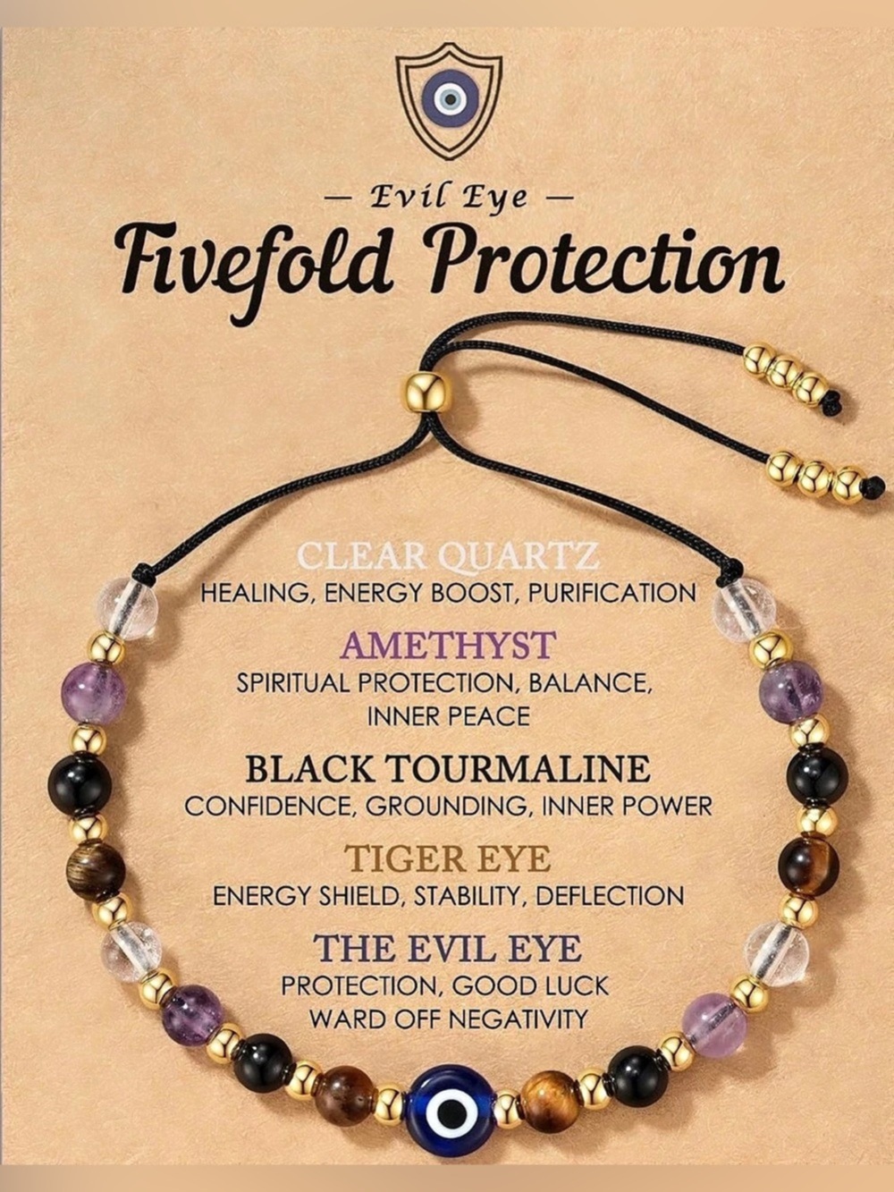 NWT Evil Eye Fivefold Protection Bracelet Amethyst Quartz Black Tourmaline